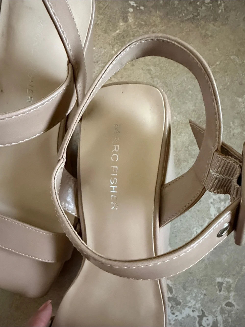 Marc Fisher Nude Tan Square-Toe Block Heel Sandals with Ankle Strap